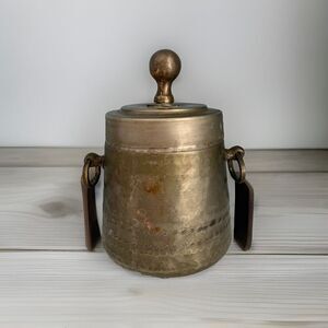 Antique Tobacco Jar Hammered Metal w/ Lid Green Glass Insert Smoking Cigars